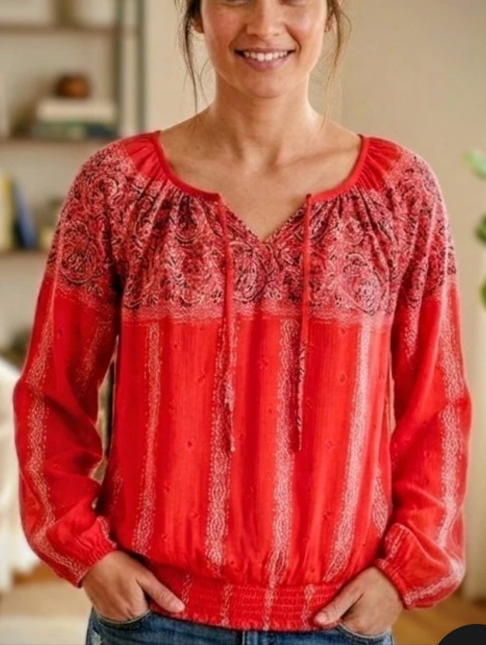 Lucky Brand Paisley Boho Peasant Sheer Smocked Hem Blouse Colorful Long Sleeve